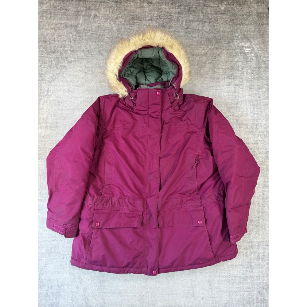 LL Bean Jacket Women 2X Pink Faux Fur Hood Insulated Winter Coat Goose Down